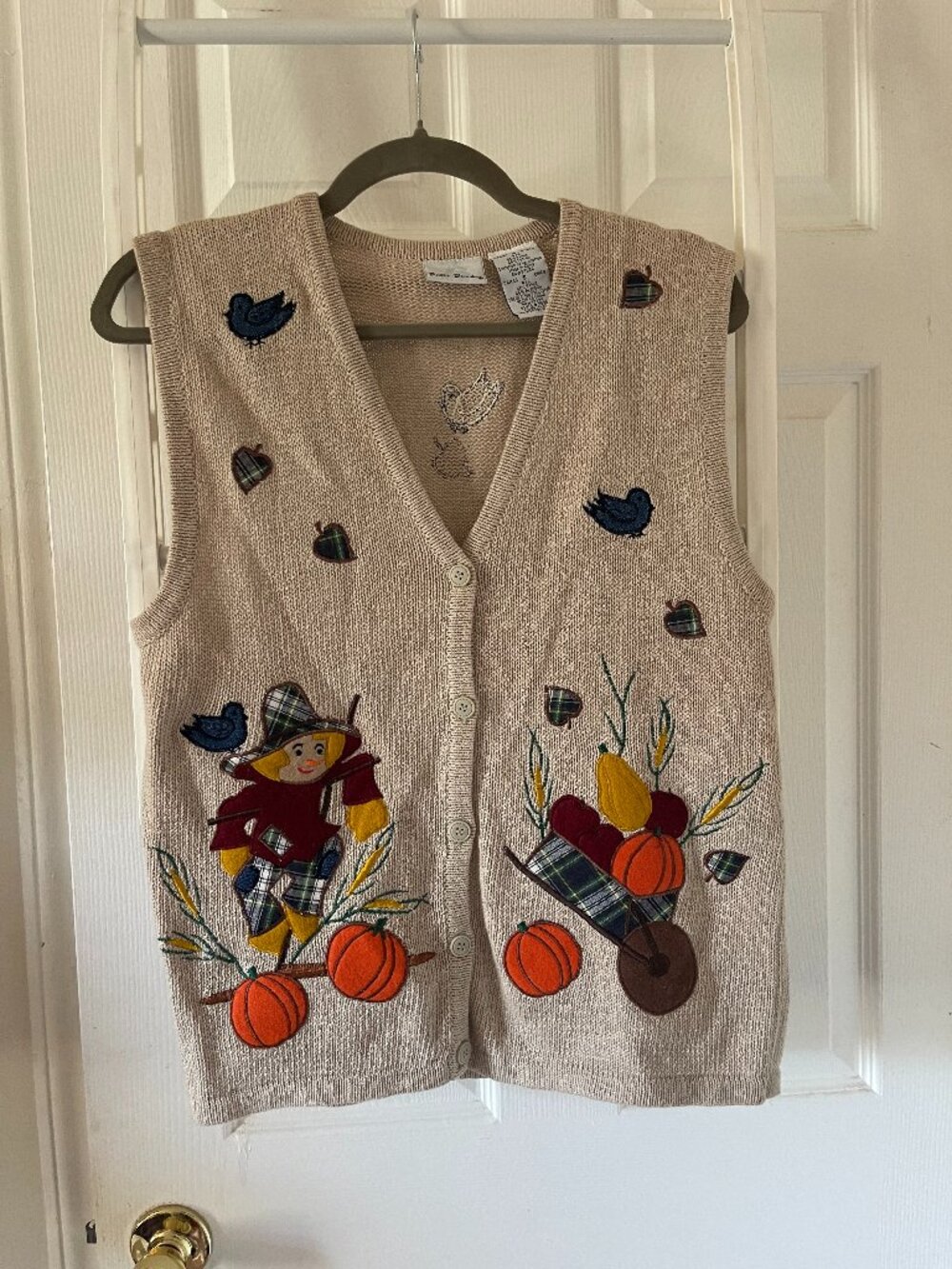 VTG Bobbie Brooks Fall Sweater Vest Scarecrow Pumpkin Harvest Beige Small